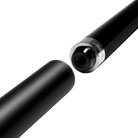 Matte black cylindrical pool cue extension posed next to black pool cue butt.