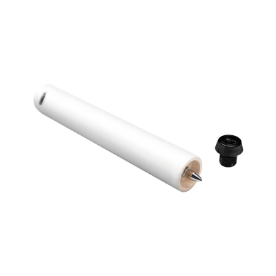White cylindrical pool cue extension with black screw-in pool cue bumper.