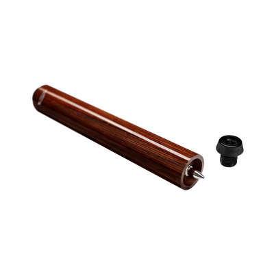 Polished wood cylindrical pool cue extension and black screw-in cue bumper.