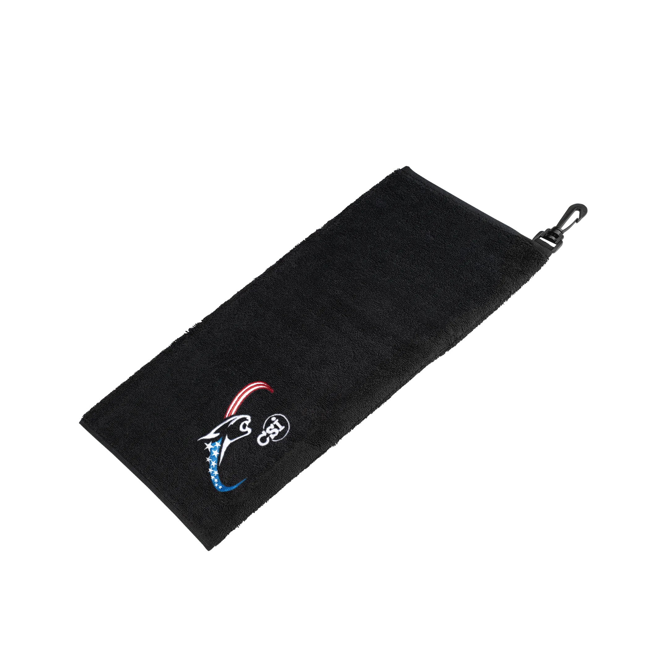 Black towel with red, white, and blue cat head logo