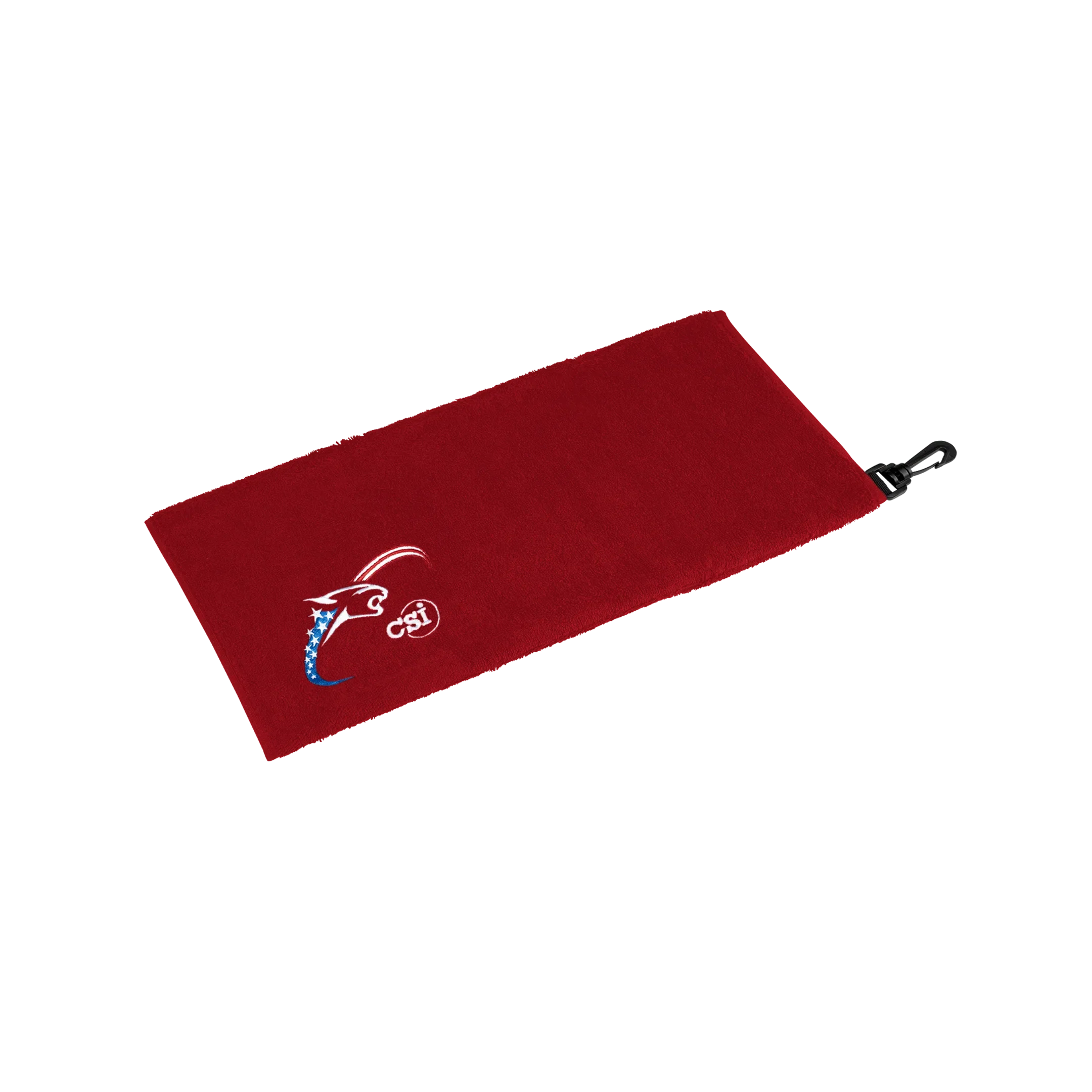 Red towel with red, white, and blue cat head logo