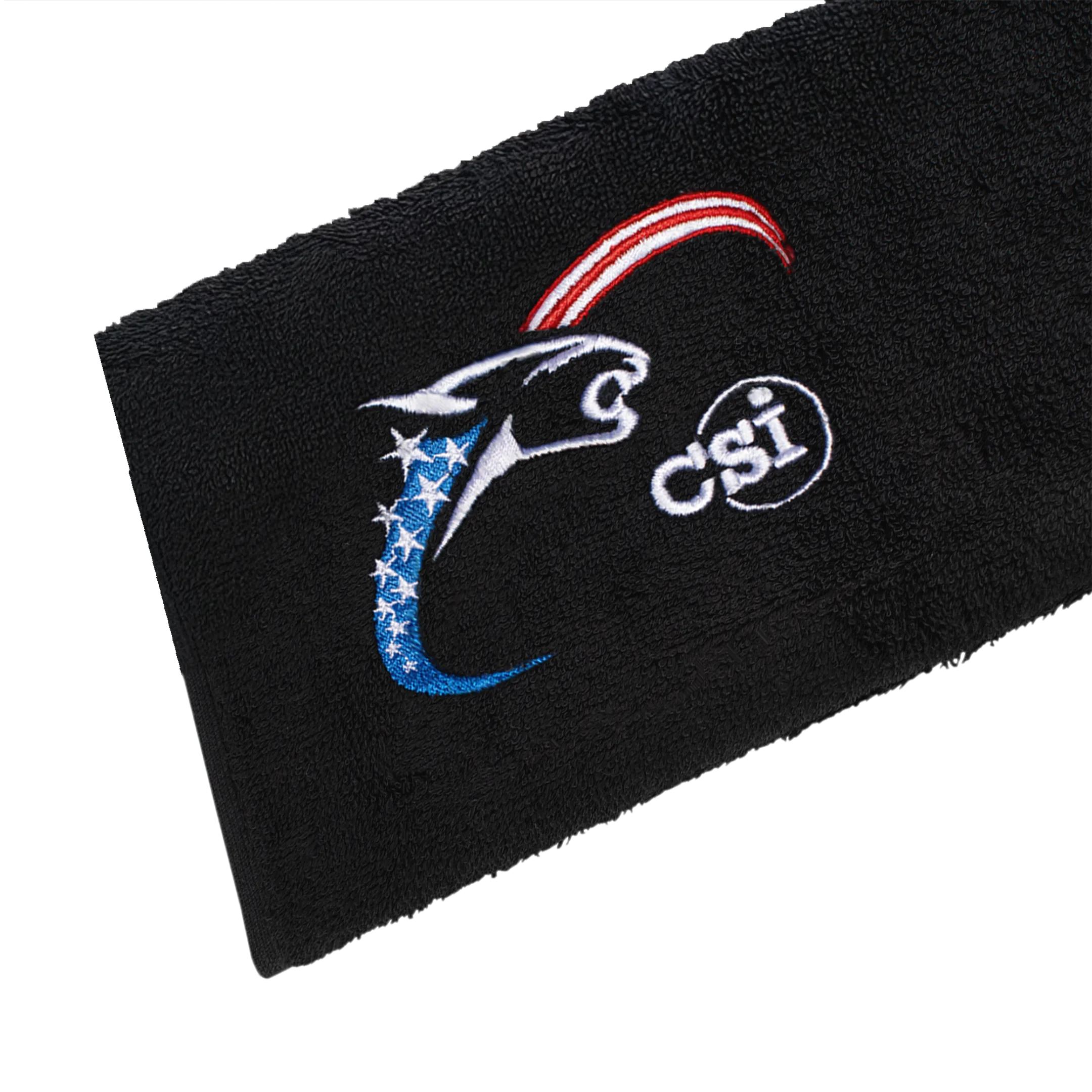 Black towel with red, white, and blue embroidered cat head logo
