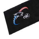Black towel with red, white, and blue embroidered cat head logo