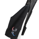 Black towel with red, white, and blue embroidered cat head logo, clipped to black and white pool cue case.