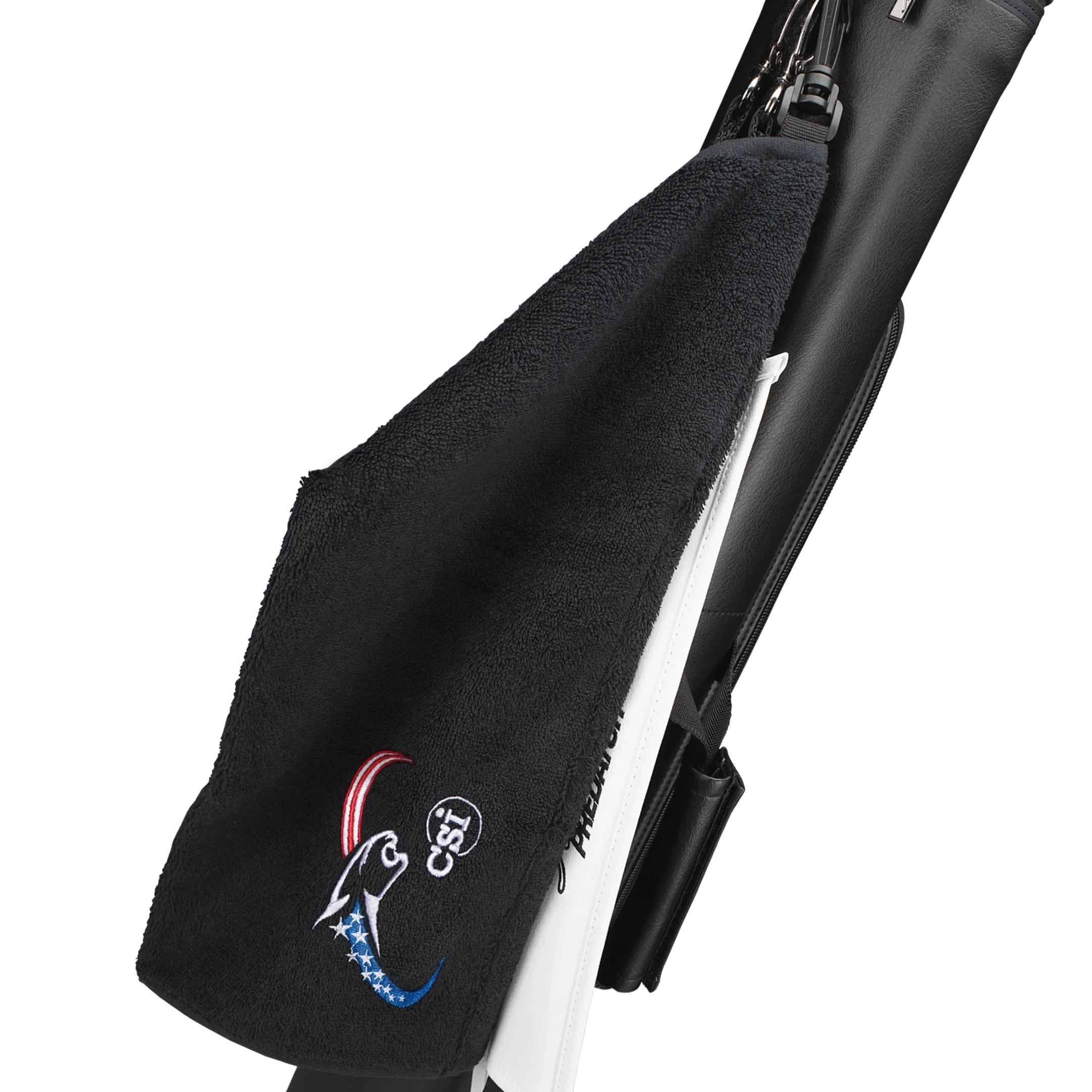 Black towel with red, white, and blue embroidered cat head logo, clipped to black and white pool cue case.