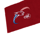 Red towel with embroidered cat head logo and 'CSI' text