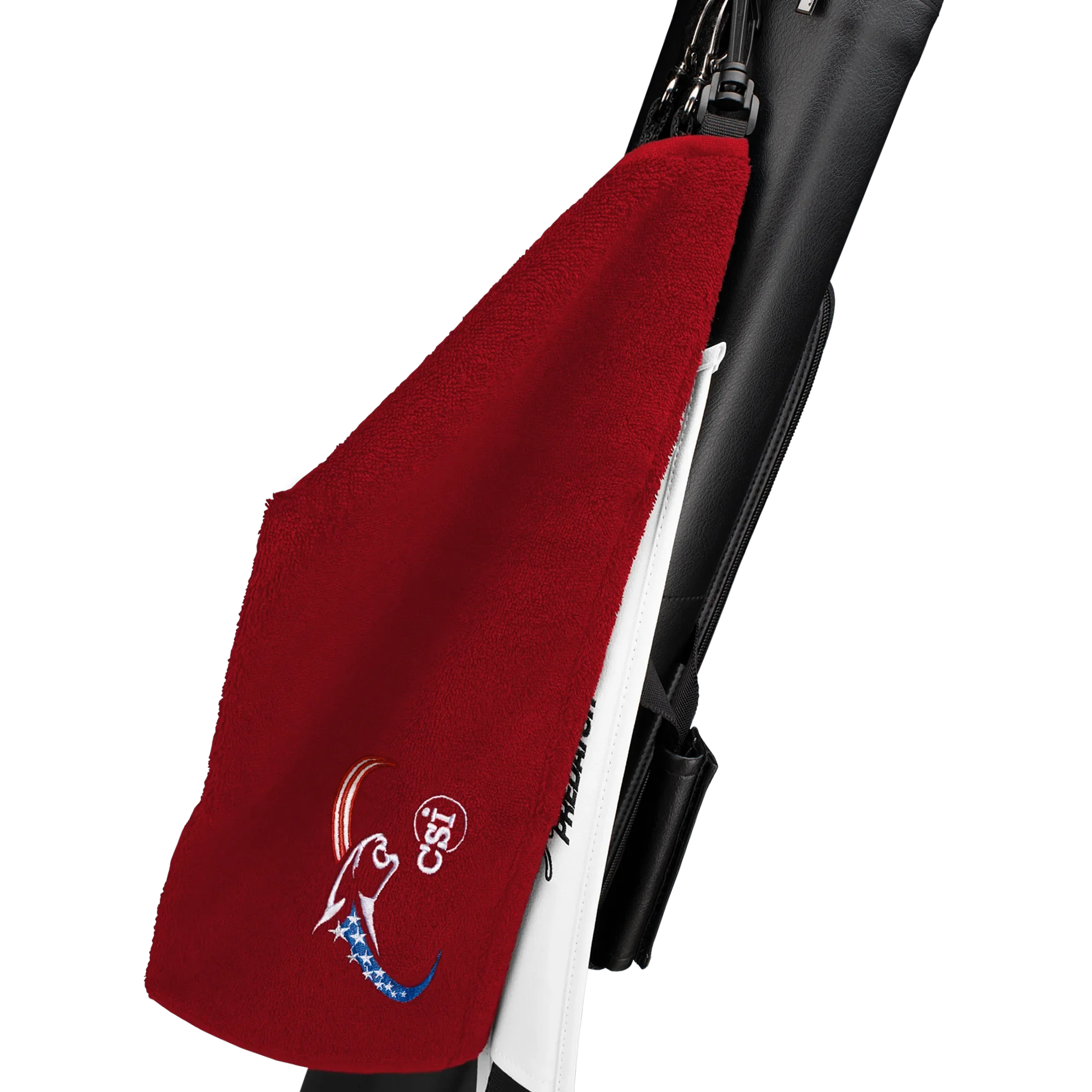 Red towel with red, white, and blue cat head logo, clipped to black and white pool cue case.