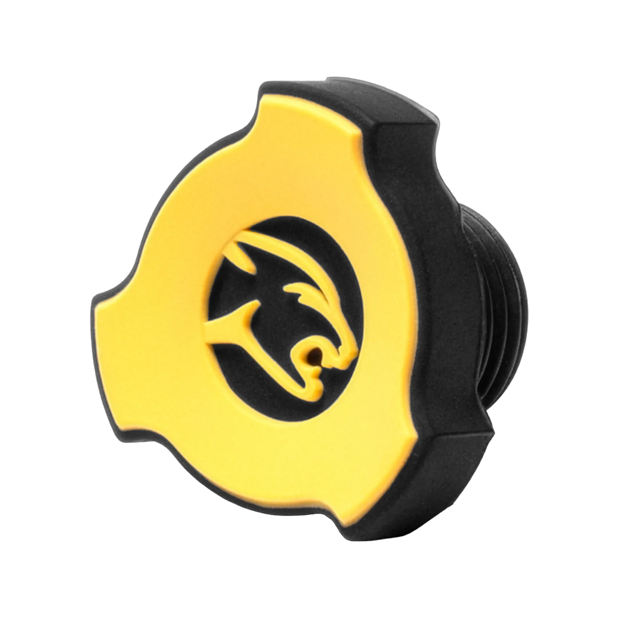 Yellow and black three-pointed pool cue bumper with circular cat head
