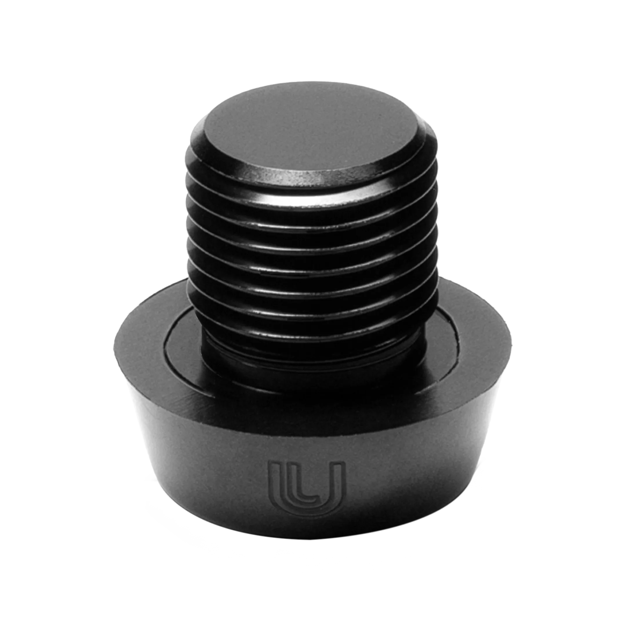 Black threaded metal cap with a logo