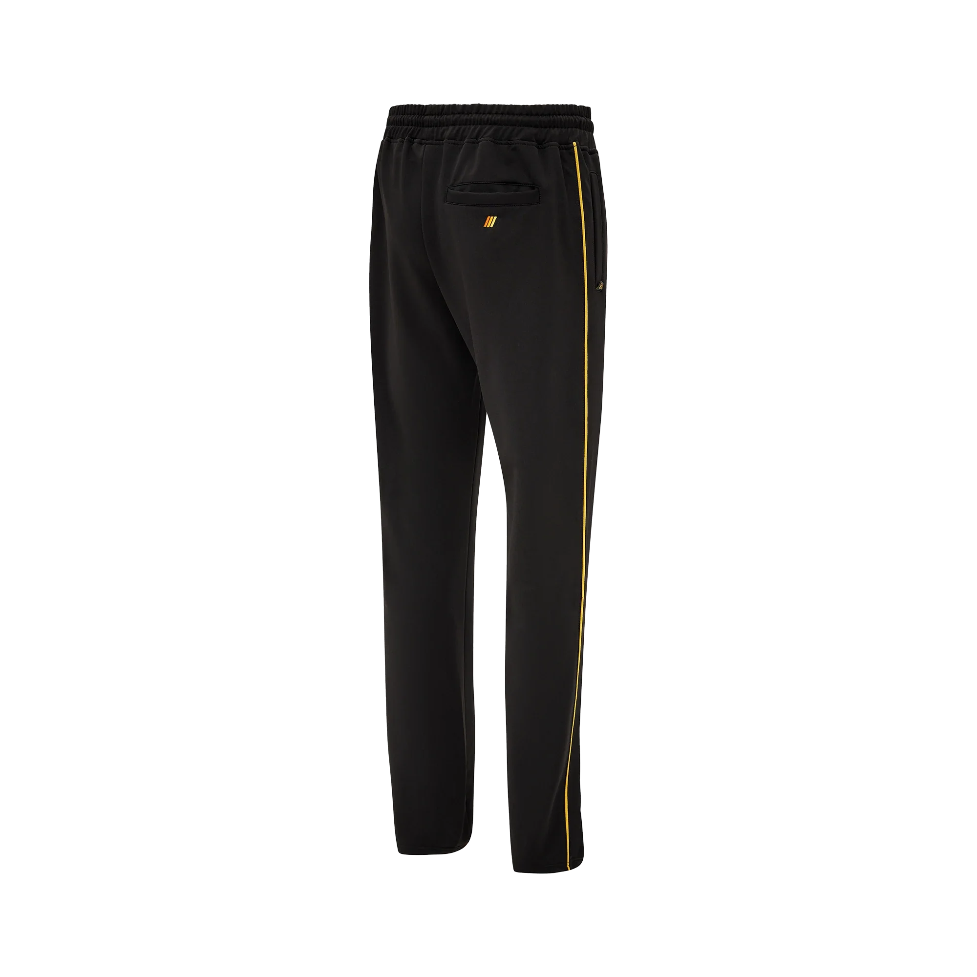 Black jogging pants with single yellow stripe and emblem on back pocket