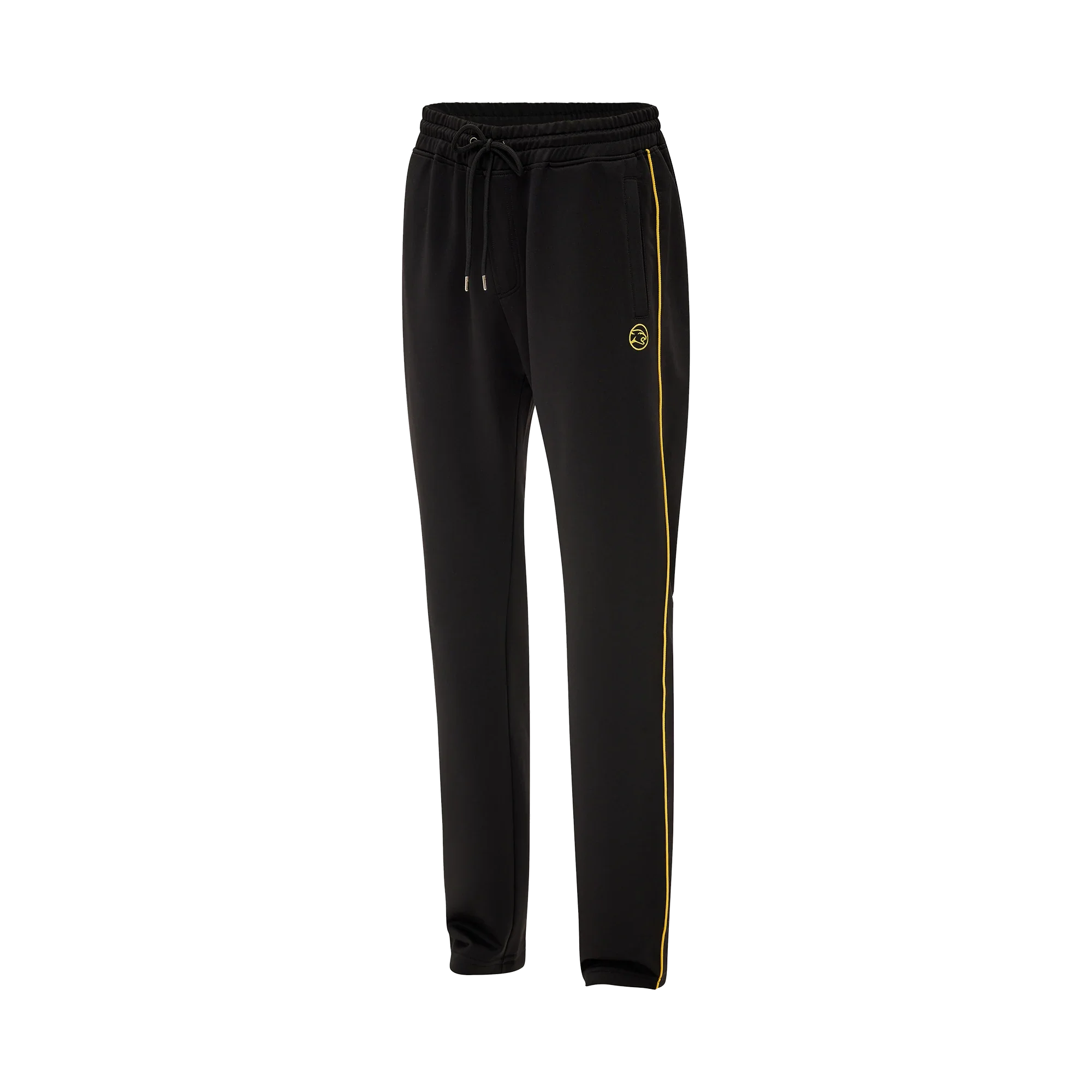 Black drawstring jogging pants with single yellow stripe