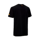 Back view of black t-shirt with a yellow logo on the sleeve