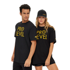 Two people wearing black 'PRO LEVEL' t-shirts and a cap
