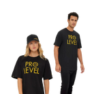 Man and woman wearing black 'PRO LEVEL' t-shirts