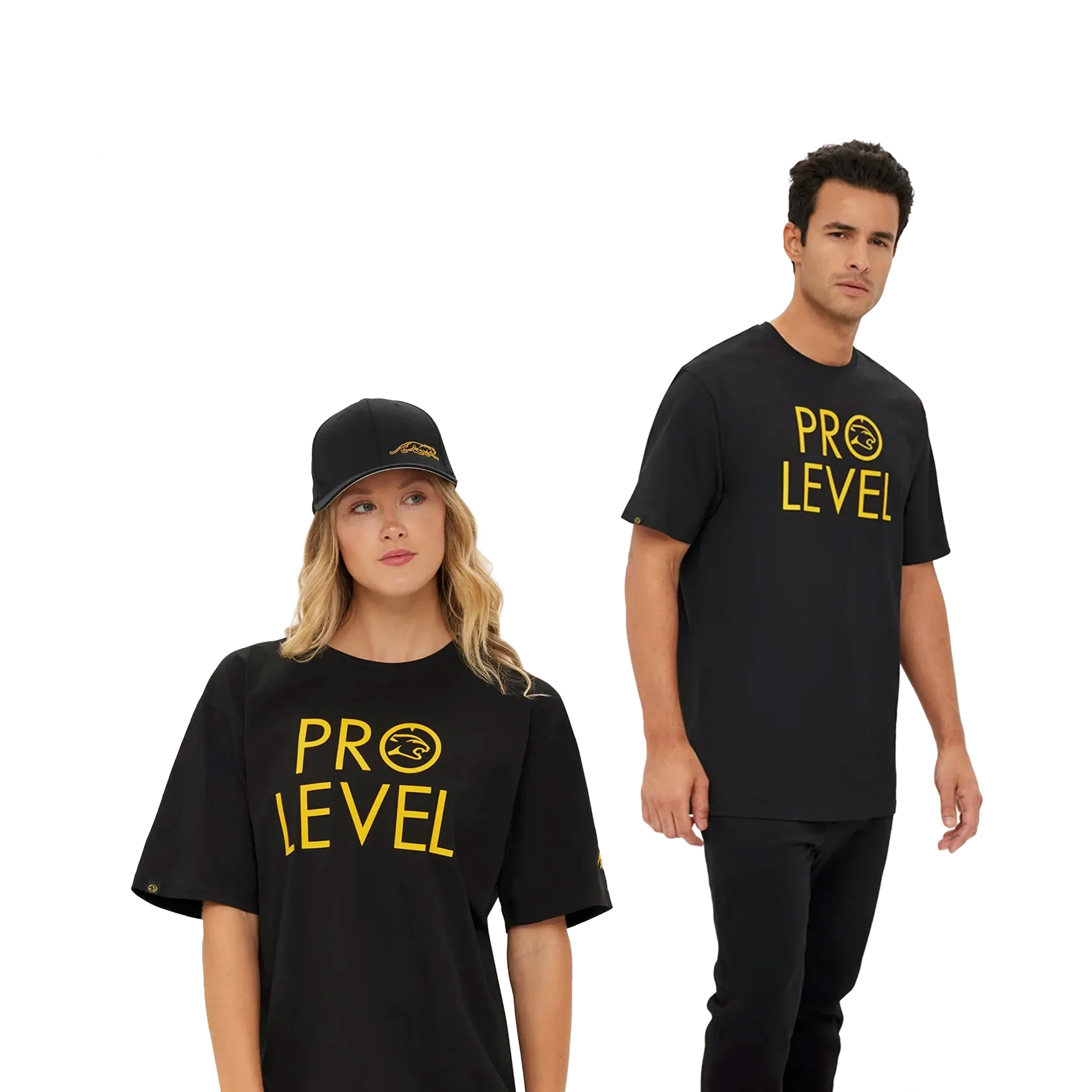 Man and woman wearing black 'PRO LEVEL' t-shirts