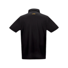 Back view of black polo shirt against a white background.