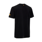 Back view of black t-shirt with small logo