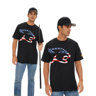 Man wearing black t-shirt with a United States flag cat head design