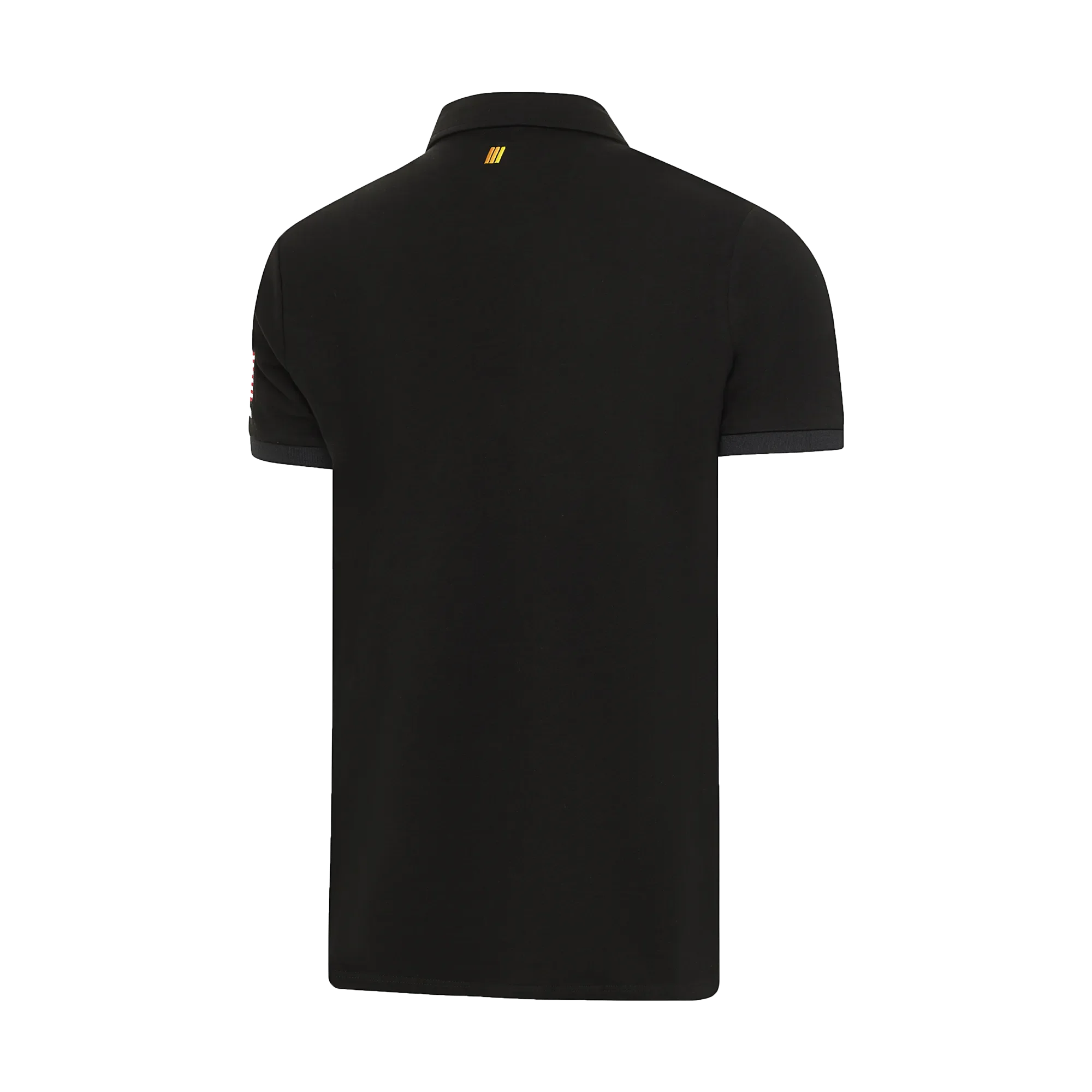 Back view of black collared polo against a white background.