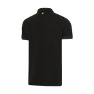 Back view of black collared polo against a white background.