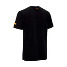 Back view of black t-shirt with gold Predator logo on the sleeve