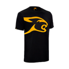 Black t-shirt with yellow cat head logo