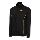 Black zip-up jacket with gold trim and gold Predator logo 