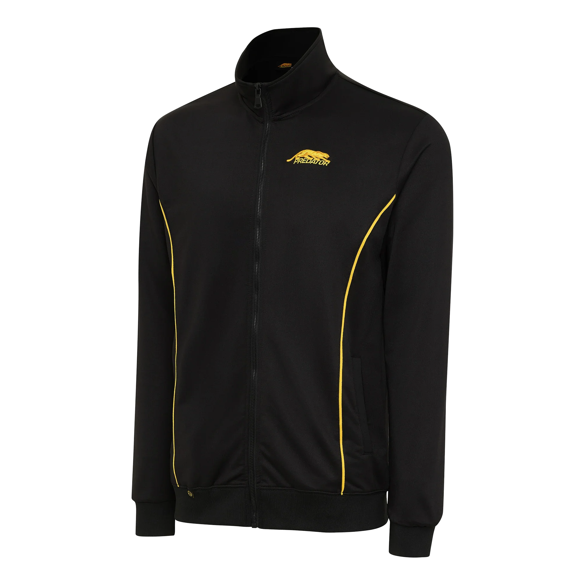 Black zip-up jacket with gold trim and gold Predator logo 