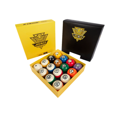 Set of billiard balls in a yellow box with a black lid featuring a logo