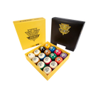 Set of billiard balls in a yellow box with a black lid