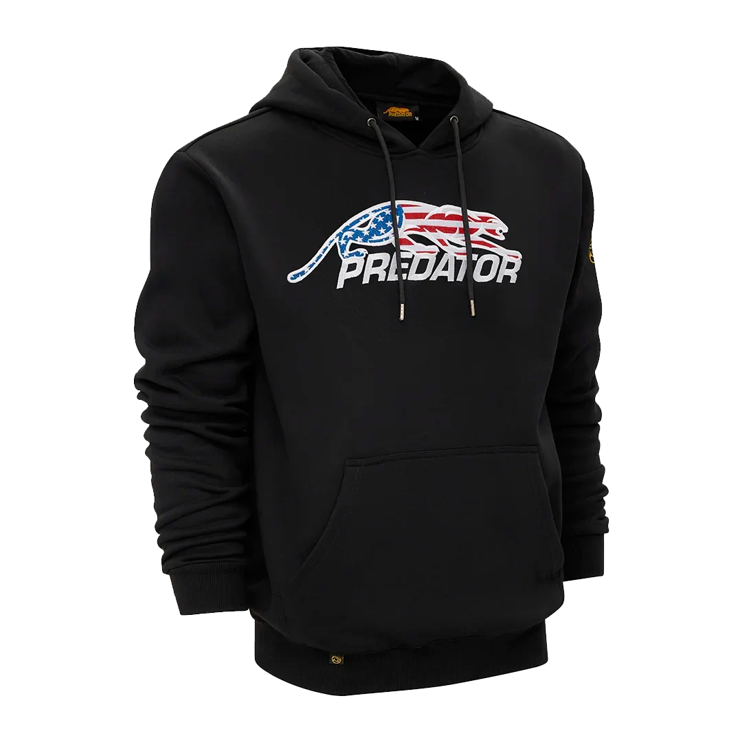 Black hoodie with 'Predator' logo featuring an American flag design
