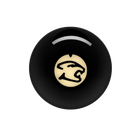 Black billiard ball with white and black cat head logo