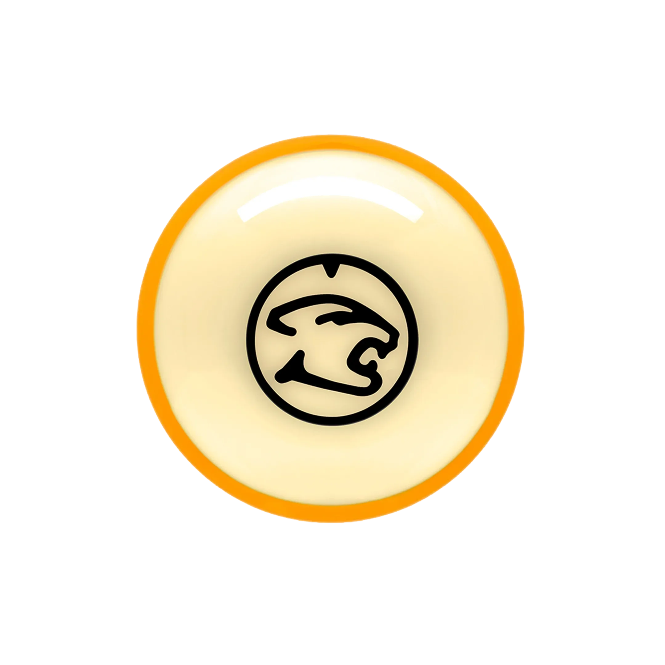 Yellow and white billiard ball with a black cat head logo