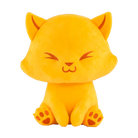 Yellow plush cat toy with a content expression