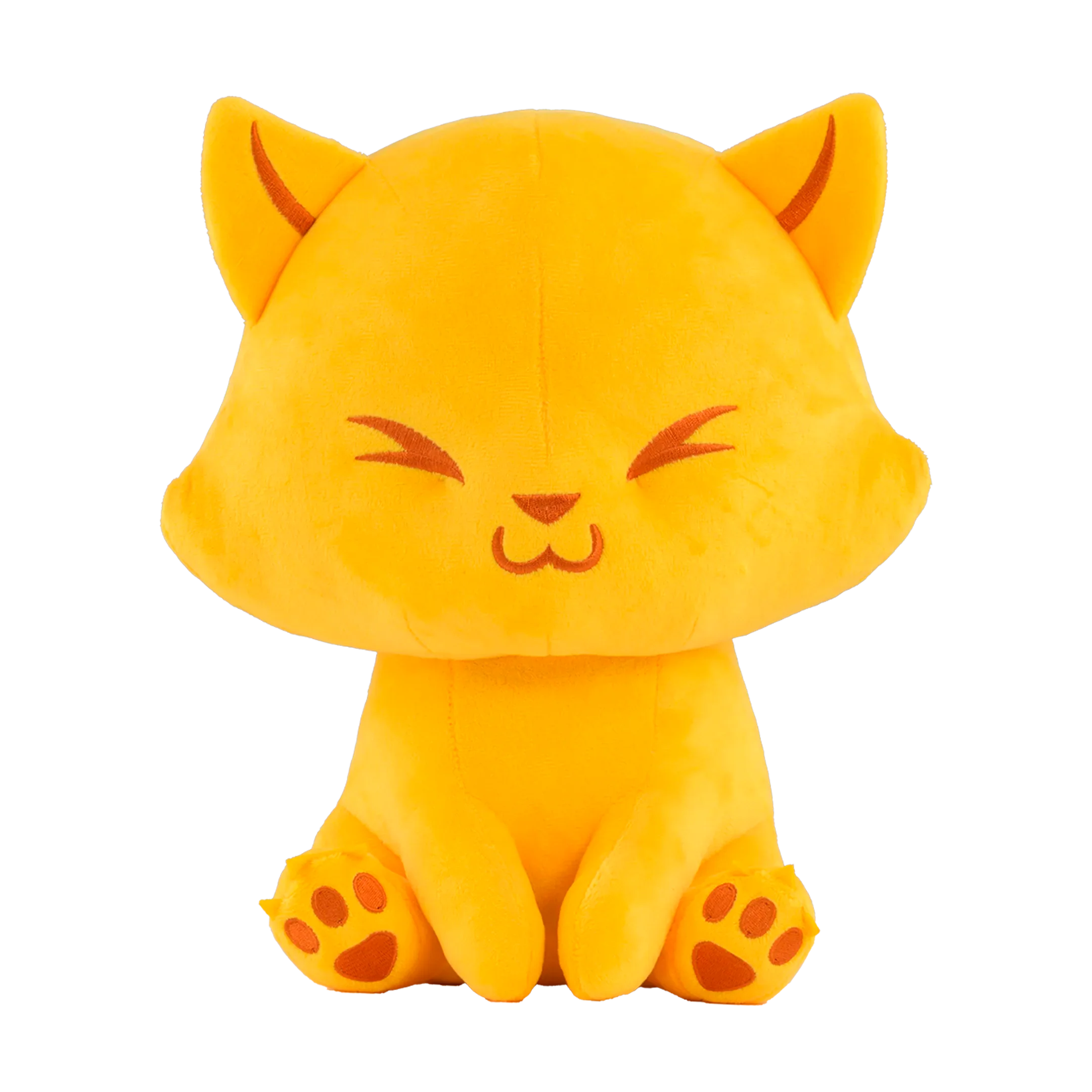 Yellow plush cat toy with a content expression