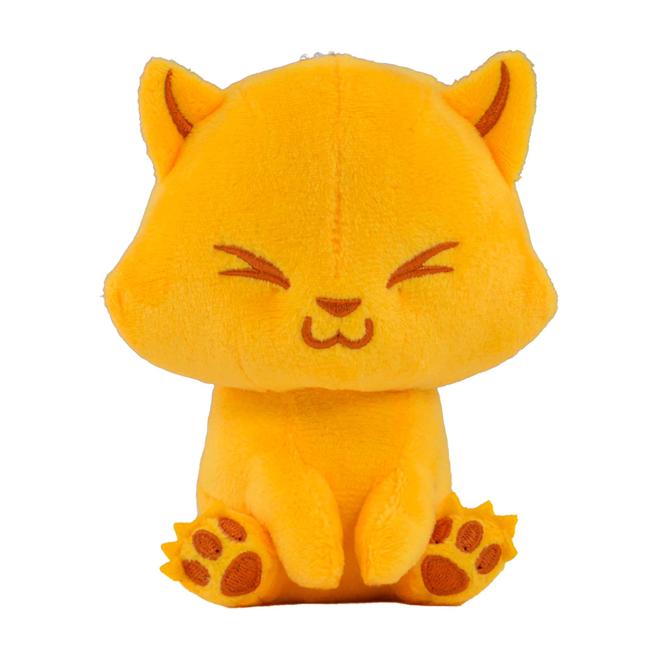 Yellow plush cat toy keychain with closed eyes