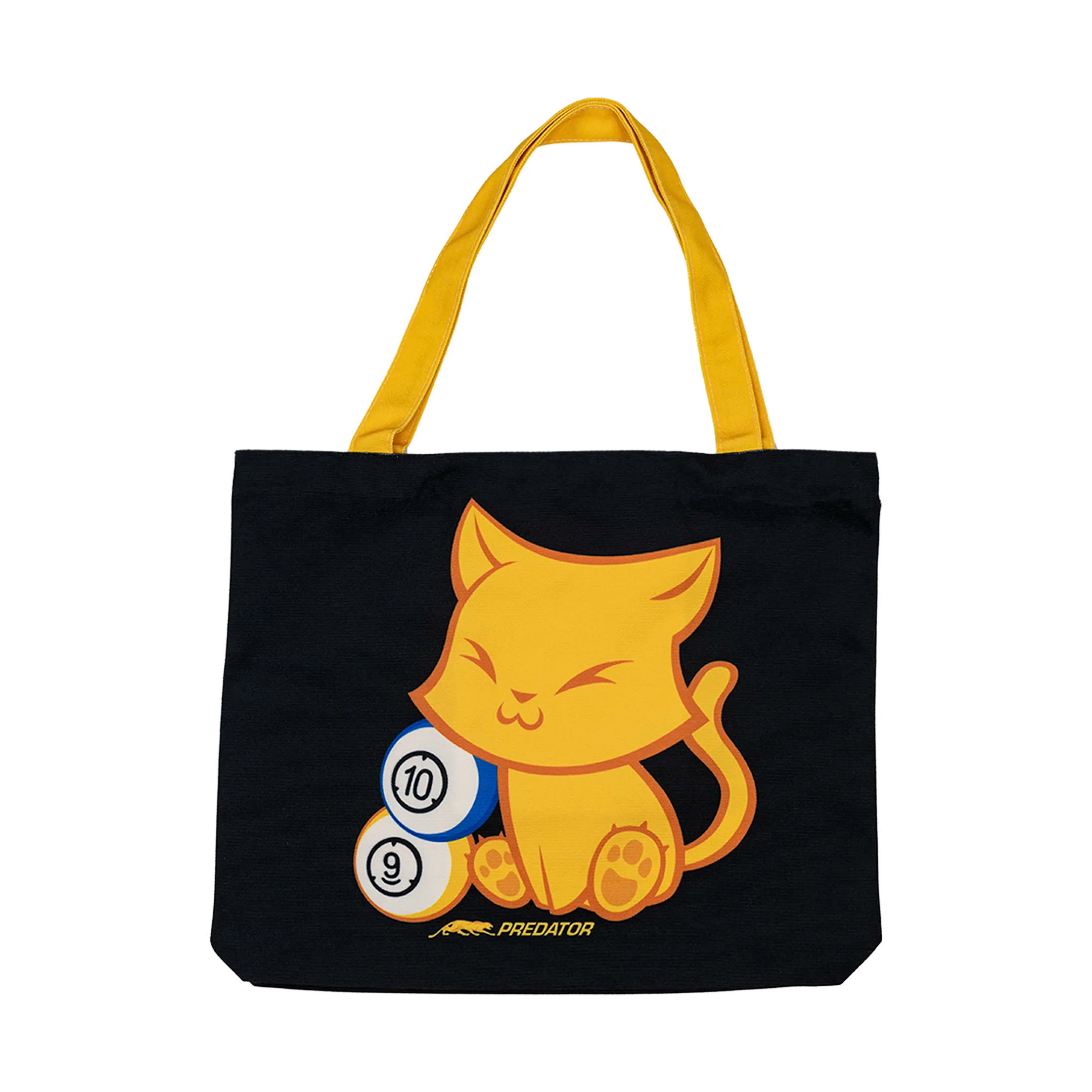 Black tote bag with a yellow cat design and billiard balls