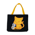 Black tote bag with a yellow cat design and billiard balls