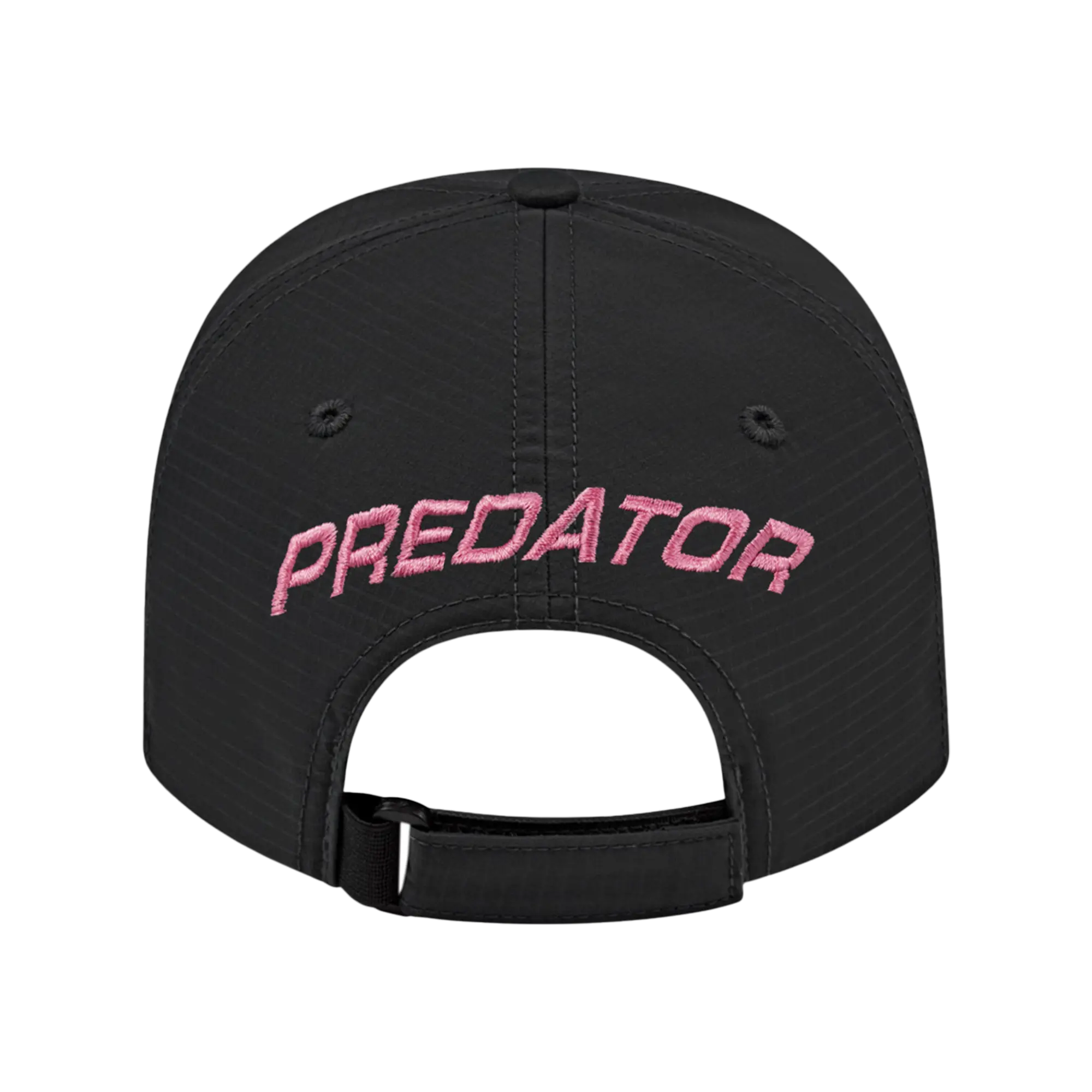 Back view of black baseball cap with pink embroidered Predator text