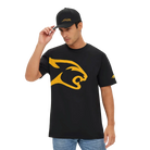Man wearing a black t-shirt with a yellow Predator cat logo and a matching black cap