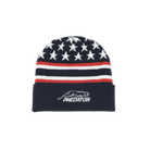 Navy blue beanie with white stars, red and white stripes and white Predator logo