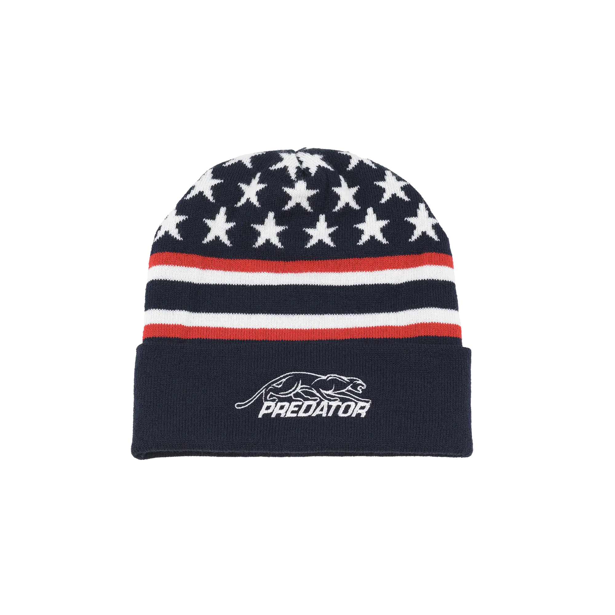 Navy blue beanie with white stars, red and white stripes and white Predator logo