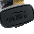 Close-up of a black and gold pool cue case bottom with 'Predator' branding.