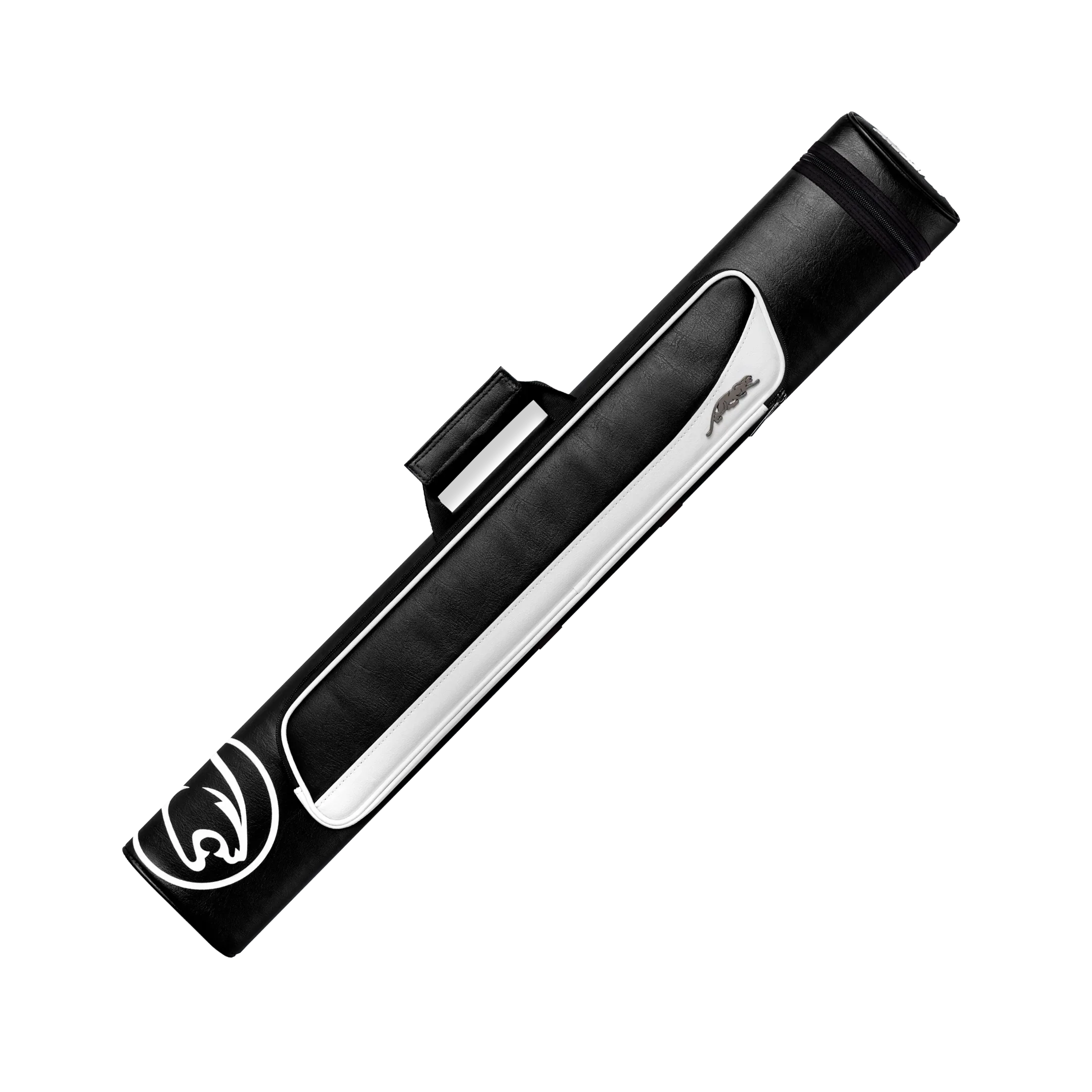 Black and white pool cue case with a cat head logo