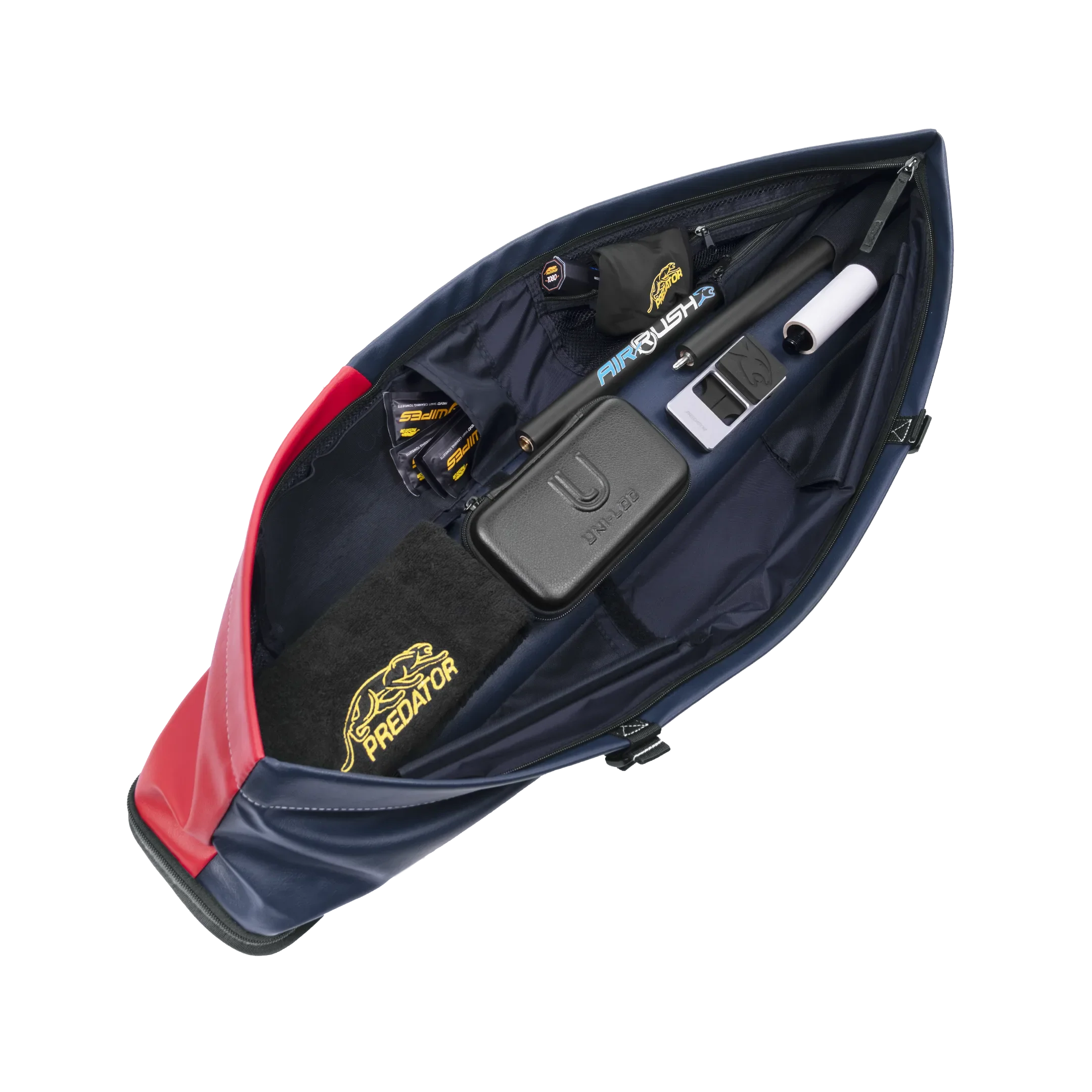 Unzipped top view of a red and blue pool cue case containing PREDATOR branded accessories
