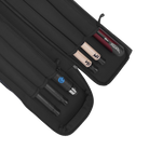 Black pool cue case containing several pool cue butts and shafts
