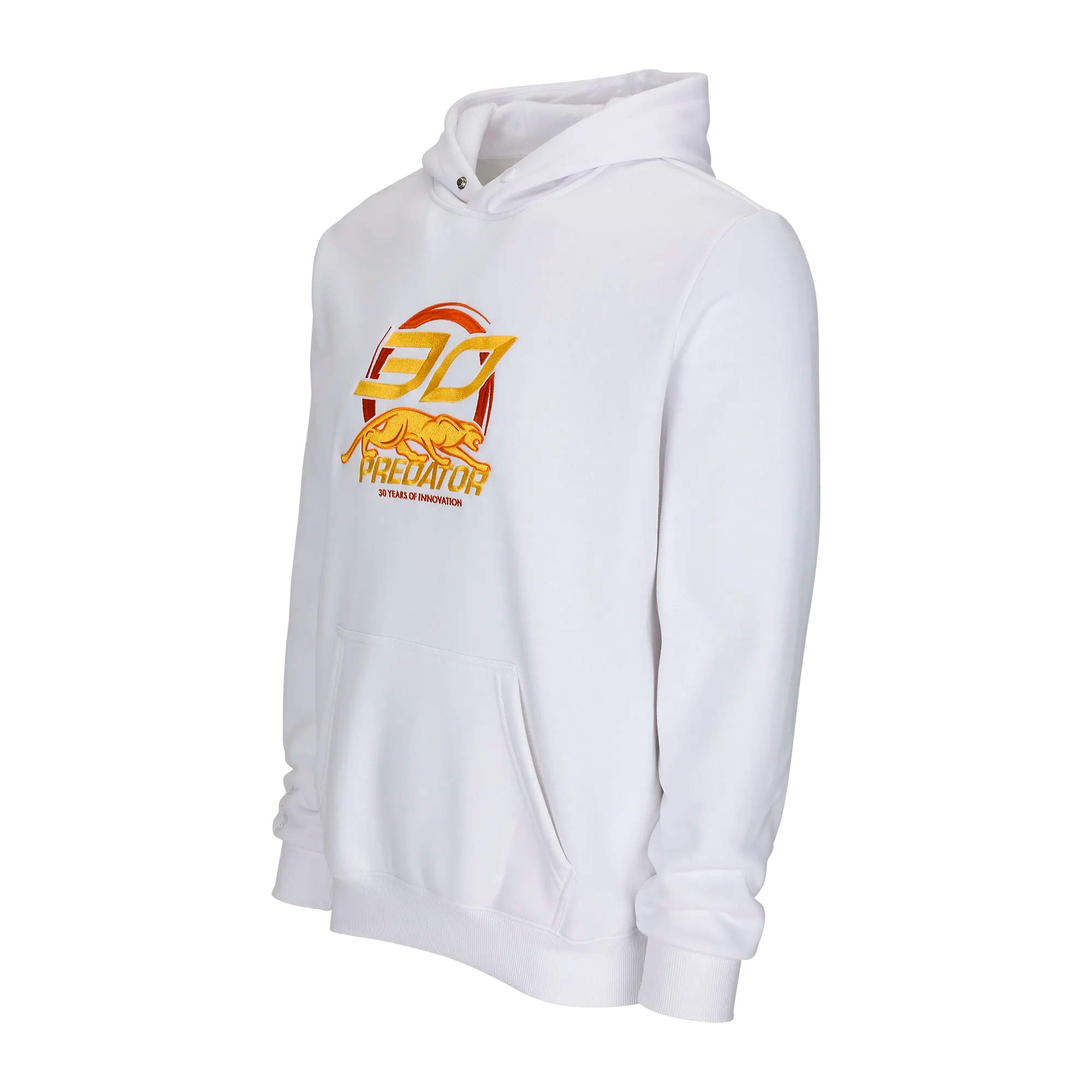 White hoodie with gold and orange 30 PREDATOR logo