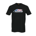 Black t-shirt with 'Predator' logo featuring an American flag design on a white background.