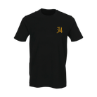 Black t-shirt with gold embroidered 314 Shafts logo against a white background.