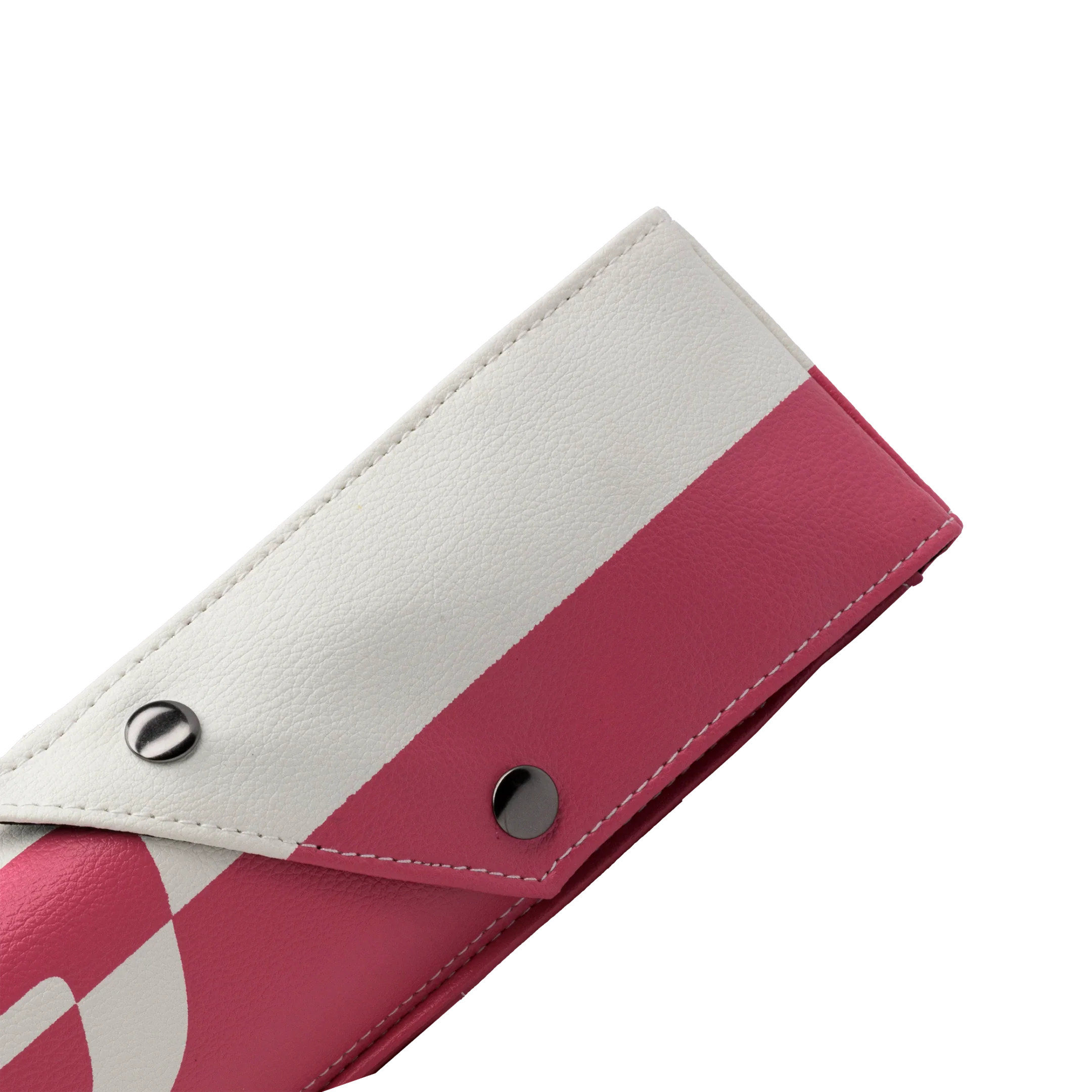 Close up top flap of Predator Hard Pool Cue Case - White Pink - 1 Butt x 1 Shaft at 30 degree angle
